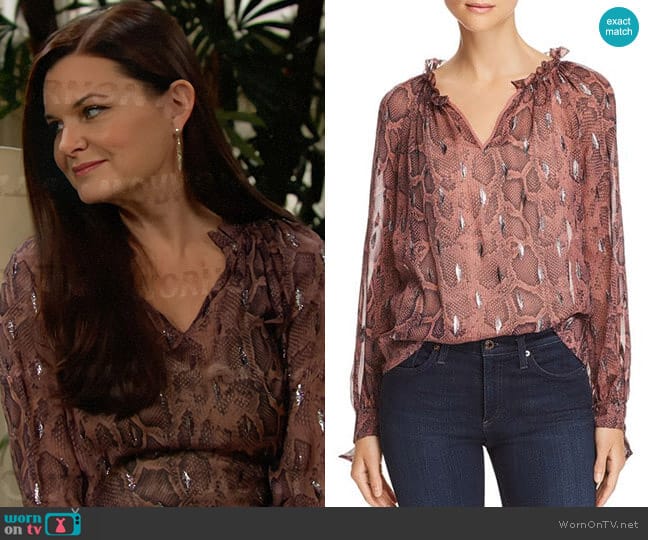 Rebecca Taylor Snake-Print Ruffle-Trim Top worn by Katie Logan (Heather Tom) on The Bold and the Beautiful