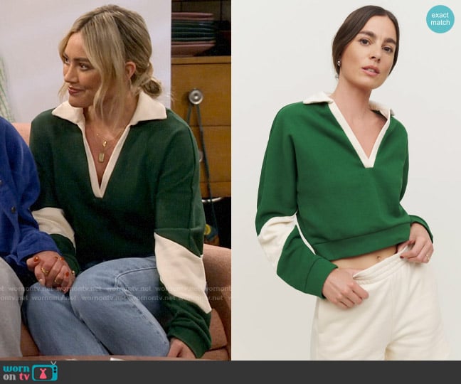 Reformation Mirielle Henley Sweatshirt in Verdant / Almond worn by Sophie (Hilary Duff) on How I Met Your Father