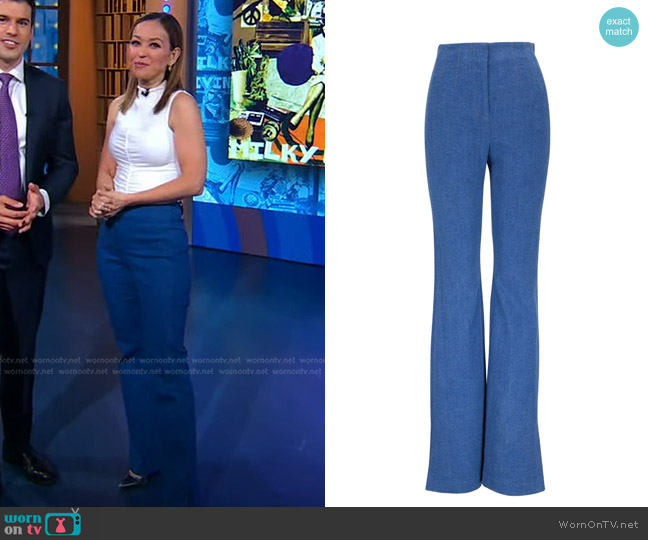 WornOnTV: Eva’s white ruched top and blue flare pants on Good Morning ...
