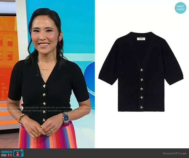 WornOnTV: Vicky’s black star button cardigan and rainbow stripe skirt ...