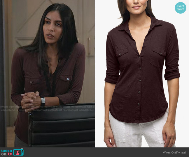 James Perse Sheer Slub Side Panel Shirt in Napa worn by Saanvi (Parveen Kaur) on Manifest