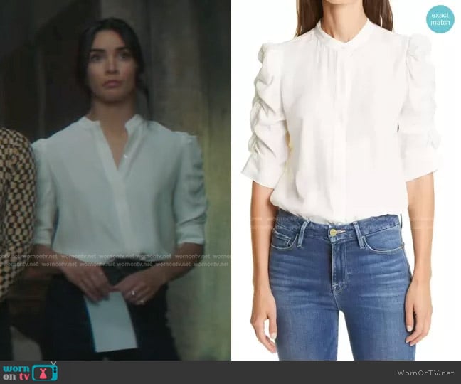 Frame Shirred Sleeve Silk Blouse worn by Bess (Maddison Jaizani) on Nancy Drew