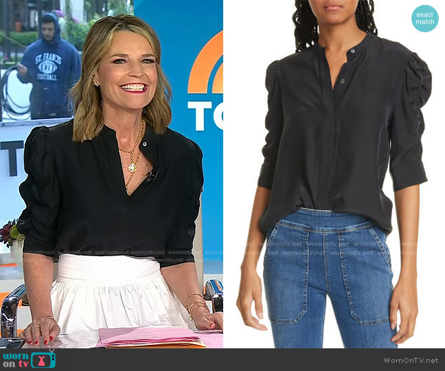 WornOnTV: Savannah’s black ruched sleeve blouse and white midi skirt on ...