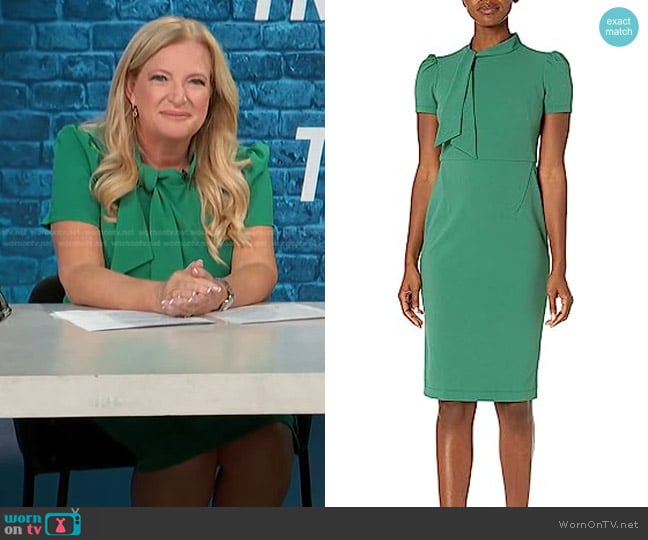 Maggy London Short Sleeve Sheath with Neck Tie in Ml Fir worn by Alison Triessl on Access Hollywood