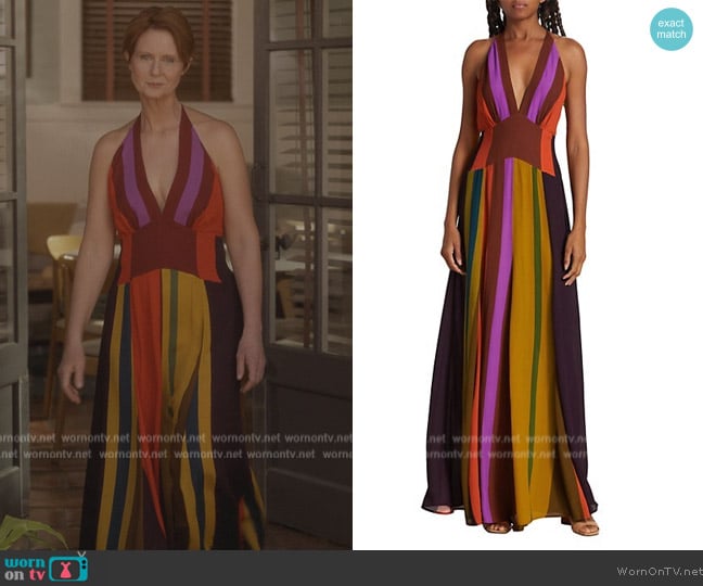 Silvia Tcherassi Tawny Striped Halterneck Dress worn by Miranda Hobbs (Cynthia Nixon) on And Just Like That