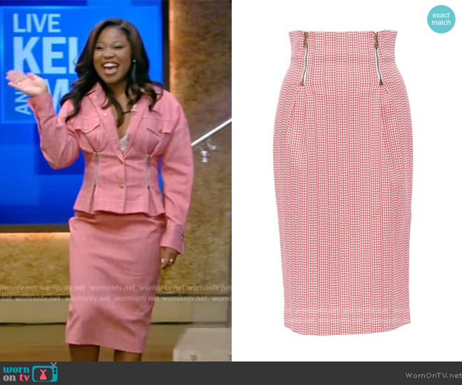 Versace Red Houndstooth High Waisted Skirt worn by Dominique Fishback on Live with Kelly and Mark