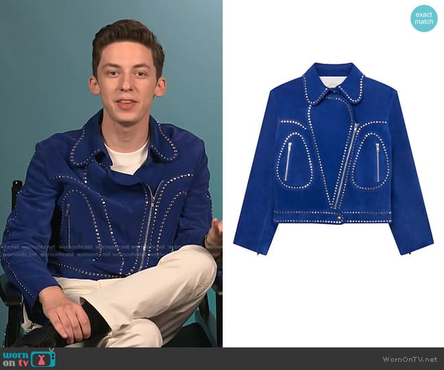 Wales Bonner Blues Studded Suede Jacket worn by Andrew Barth Feldman on E! News