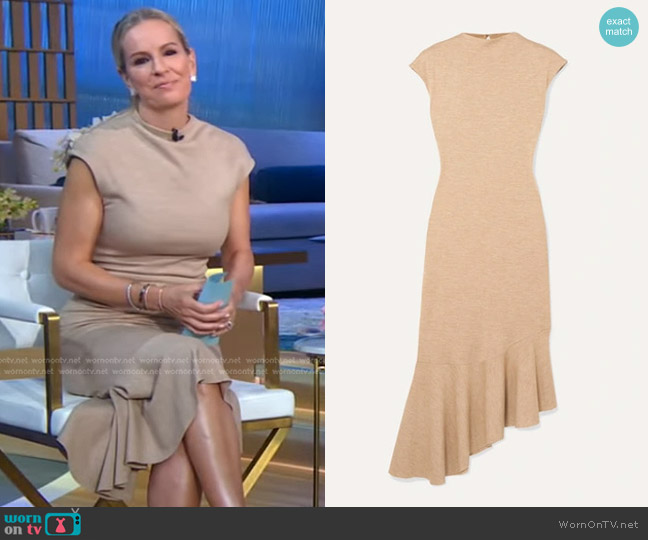 Aaizel Asymmetric Ruffled Mélange Jersey Midi Dress in Sand worn by Dr. Jennifer Ashton on Good Morning America