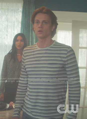 Ace’s white striped long sleeve tee on Nancy Drew