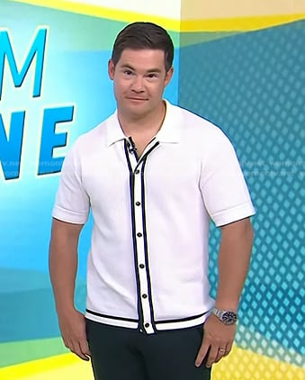 Adam DeVine's white contrast trim shirt on Today