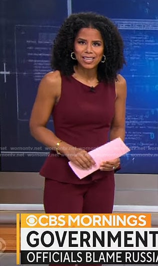 Adriana Diaz's burgundy peplum jumpsuit on CBS Mornings