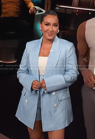 Adrienne’s blue double breasted blazer and shorts on E! News