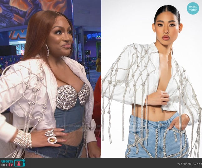 Shop Akira Knot Again Crop Bomber with Diamond Rope worn by Drew Sidora on The Real Housewives of Atlanta