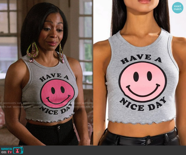 Akira Have A Nice Day Cropped Rib Tank worn by Renee Ross (Bresha Webb) on Run the World