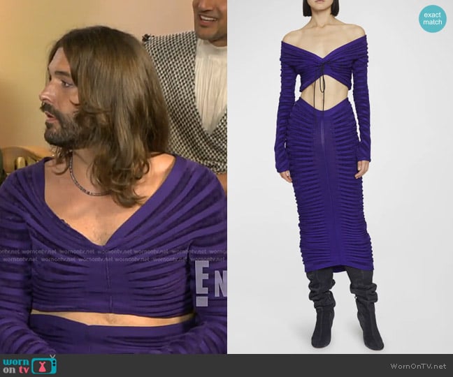 Alaia Ribbed Off-Shoulder Crop Top and Skirt worn by Jonathan Van Ness on E! News