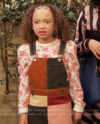 Alice's colorblock overalls and floral sweatshirt on Ravens Home