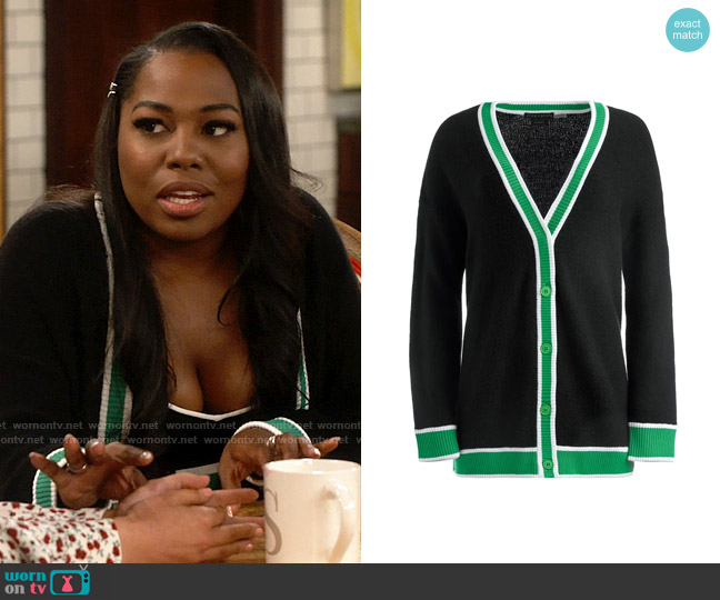 Alice + Olivia Barry Cardigan in Black Garden Green worn by Harper (Laci Mosley) on iCarly