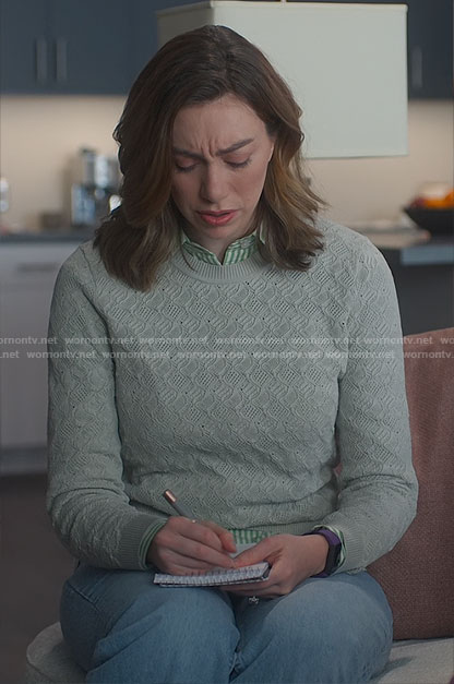 Allison's grey pointelle sweater on So Help Me Todd