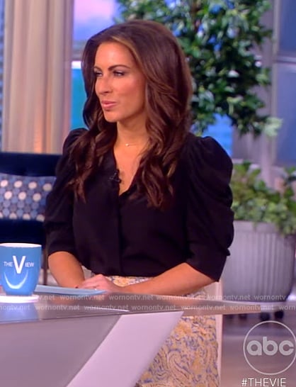 Alyssa’s black puff sleeve top and skirt on The View