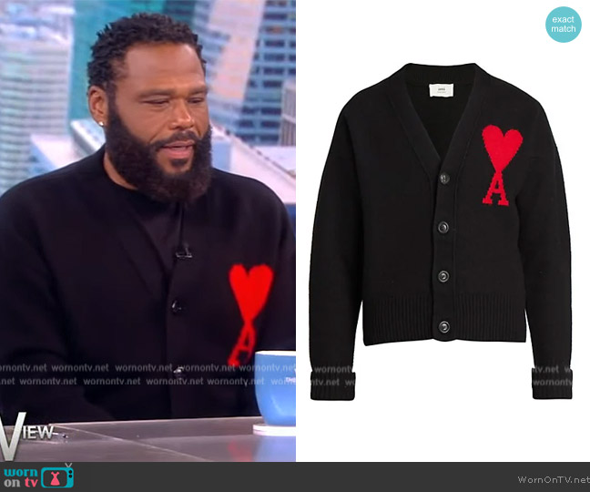 Ami Paris Logo-Intarsia Virgin Wool Cardigan worn by Anthony Anderson on The View