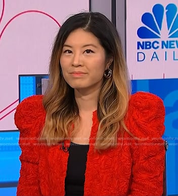 Angela Cenedella's red floral jacket on NBC News Daily