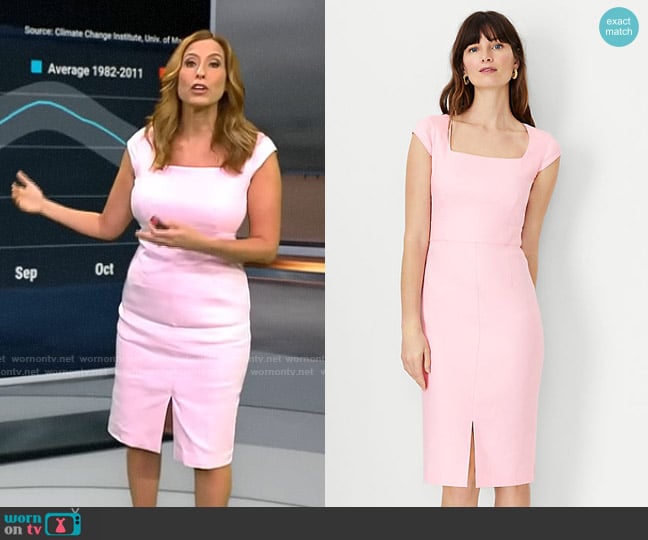 Ann Taylor The Scooped Square Neck Sheath Dress in Linen Blend in Pastel Pink worn by Stephanie Abrams on CBS Mornings