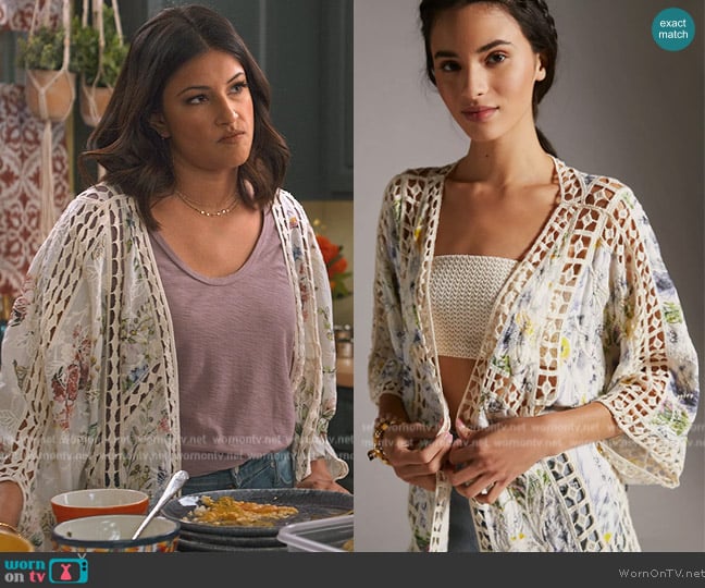 Anthropologie Lace Inset Kimono worn by Kamala (Richa Moorjani) on Never Have I Ever