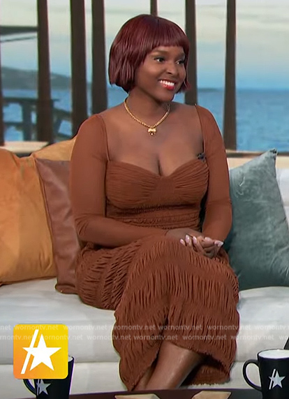 Antoinette Robertson's brown smocked dress on Access Hollywood