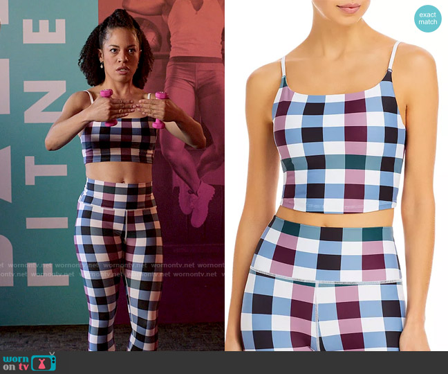 Aqua Gingham Longline Sports Bra worn by Hope (Sasha Hutchings) on Run the World