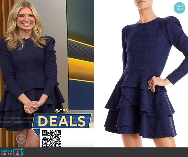 Aqua Puff Sleeve Ruffle Bottom Dress worn by Ashley Bellman on CBS Mornings