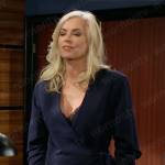 Ashley’s navy blue wrap jacket on The Young and the Restless