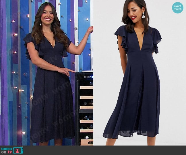 ASOS Design Midi Dress With Lace Godet Panels worn by Manuela Arbeláez on The Price is Right