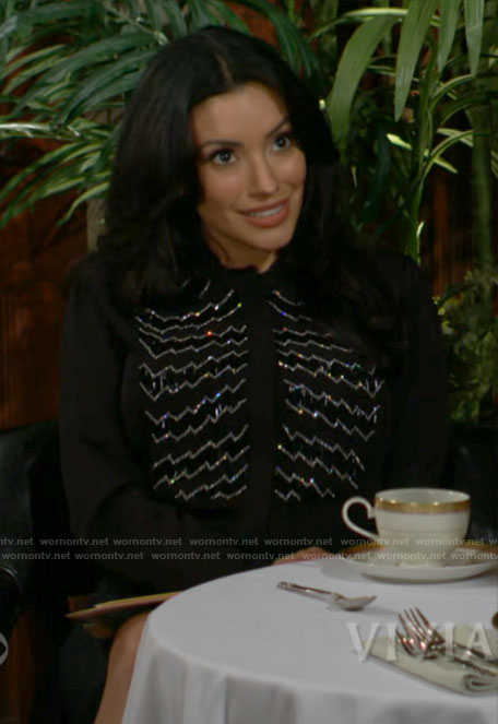 Audra’s black zig zag beaded top on The Young and the Restless