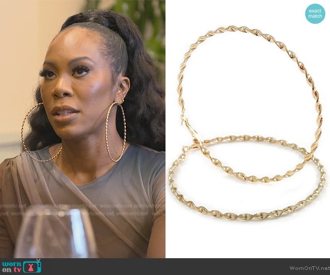 Avalaya Twisted Hoop Earrings worn by Sanya Richards-Ross on The Real Housewives of Atlanta