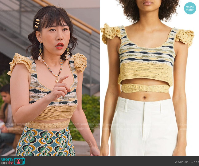 Ayni Ruru Crochet Off the Shoulder Crop Top worn by Eleanor Wong (Ramona Young) on Never Have I Ever