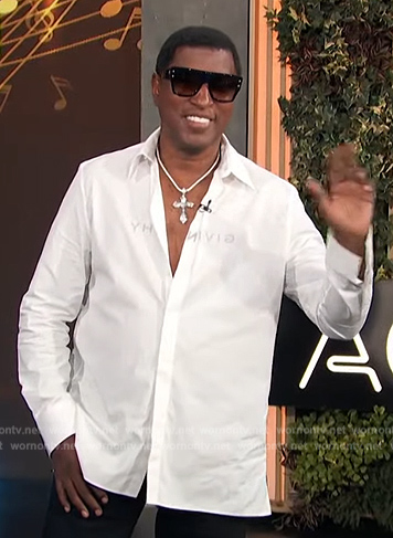 Babyface's white Givenchy logo shirt on Access Hollywood