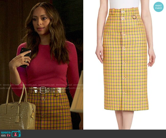 Balenciaga Plaid Wool Midi Pencil Skirt worn by Whitney Green (Amber Stevens West) on Run the World