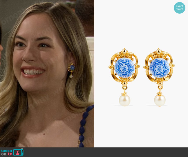 Ben Amun 24-karat gold-plated, stone and faux pearl clip earrings worn by Hope Logan (Annika Noelle) on The Bold and the Beautiful