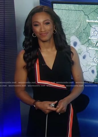 Brittany Bell's black stripe-trim wrap dress on Good Morning America