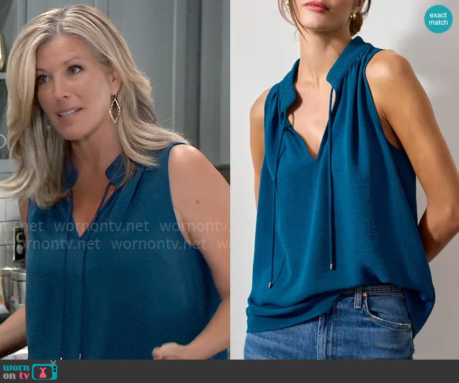 Brochu Walker The Doha Top in Teal worn by Carly Spencer (Laura Wright) on General Hospital