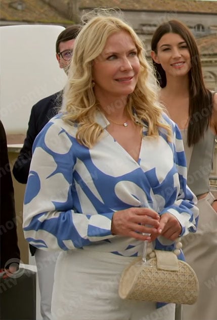 Brooke's blue and white abstract print wrap blouse on The Bold and the Beautiful