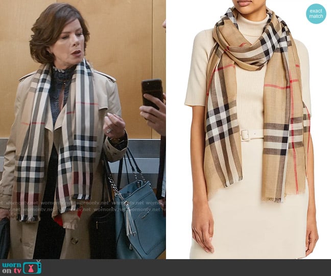 Burberry Lightweight Giant Check Wool & Silk Scarf worn by Margaret Wright (Marcia Gay Harden) on So Help Me Todd