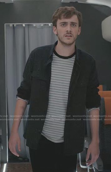 Cal’s striped long tee and black speckled shirt on Manifest