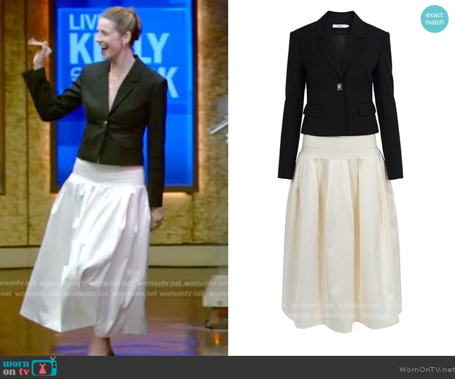 Calvin Luo Black and white suit puffy dress worn by Caitriona Balfe on Live with Kelly and Mark