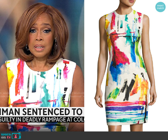 Carmen Marc Valvo Sleeveless Printed Jacquard Cocktail Dress worn by Gayle King on CBS Mornings