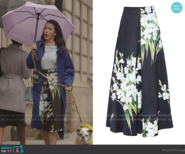 Carolina Herrera Icon Floral A-Line Midi-Skirt worn by Charlotte York (Kristin Davis) on And Just Like That