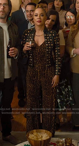 Carolyn's leopard print jumpsuit and grommet leather jacket on Based on a True Story