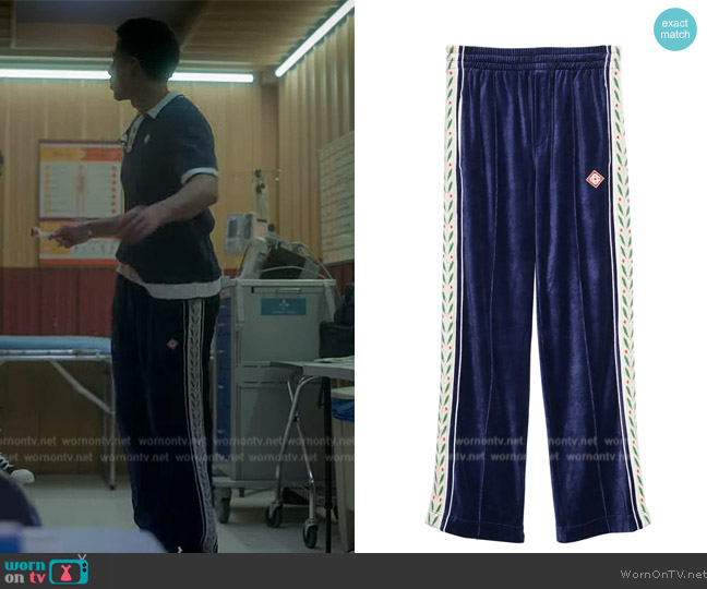 Casablanca Laurel Velour Track Pants worn by Andre Johnson, Jr. (Marcus Scribner) on Grown-ish