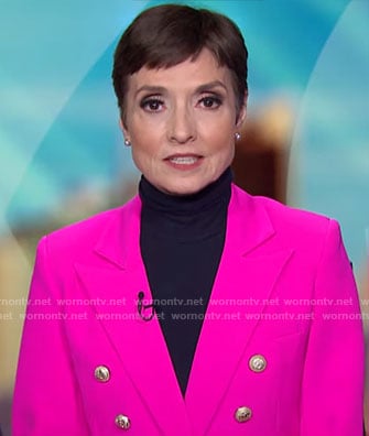 Catherine Herridge’s pink double-breasted blazer on CBS Mornings