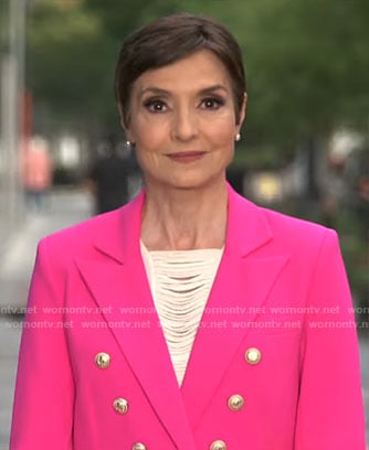 Catherine Herridge’s pink double-breasted blazer on CBS Mornings